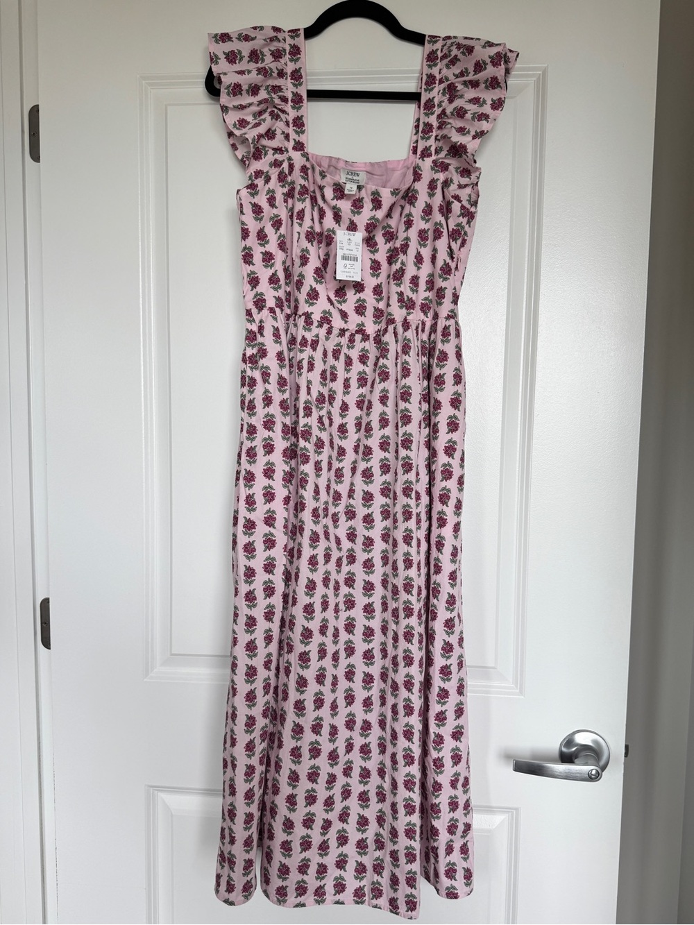 NWT J. CREW FACTORY Ruffle-Sleeve Midi Dress Paris Pink Multi Pockets 14 CI215